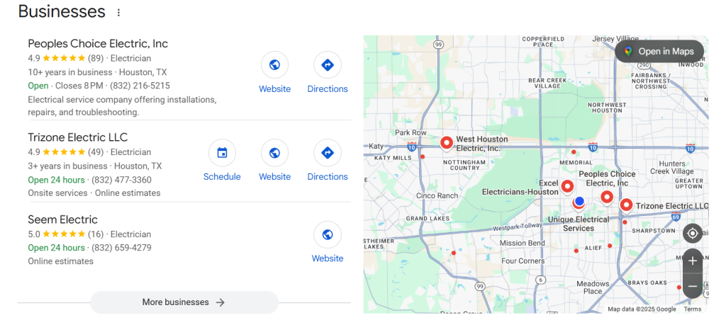 map pack local seo electricians destiny marketing solutions