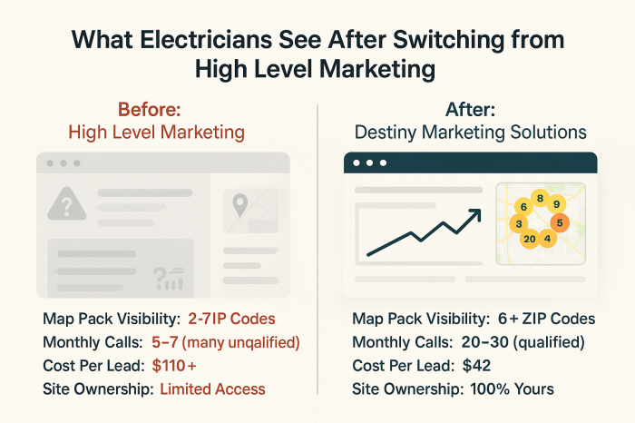 high level marketing vs destiny electrician marketing before after